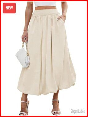 Bubble Maxi Skirt with Pockets Elastic Waist A-Line Long Skirt